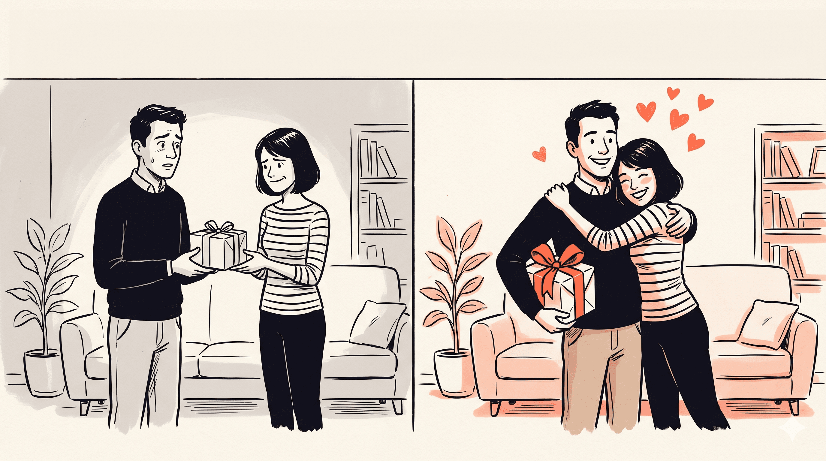 Before and after: a well-chosen gift turns a politely underwhelmed moment into a joyful, heartfelt hug.
